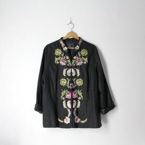 Anne Carson Woman 2X 3X Black Floral Embroidered Linen Jacket zip front plus